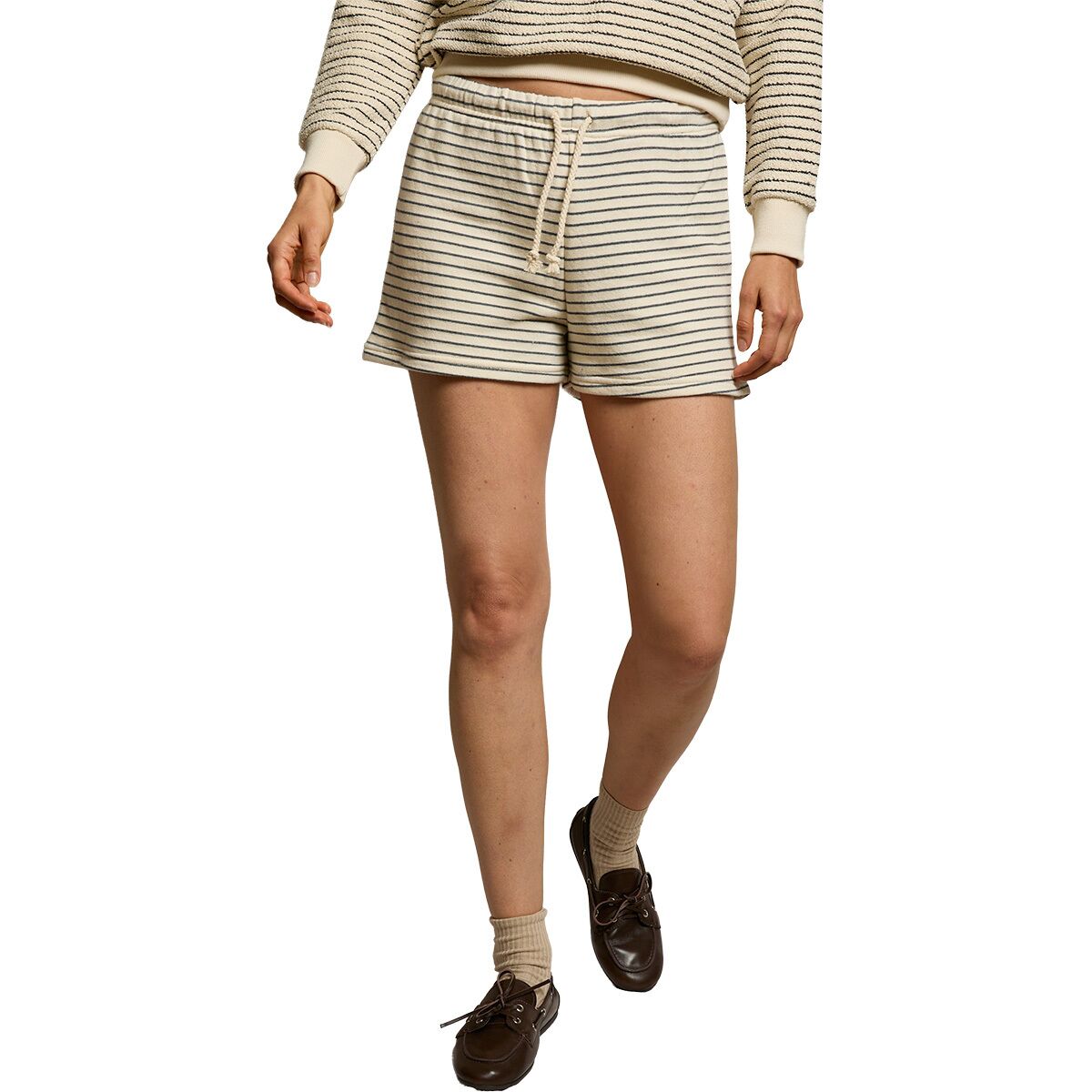 Image of perfectwhitetee Bennie French Terry Striped Short - Women's Natural/Charcoal Stripe, XS