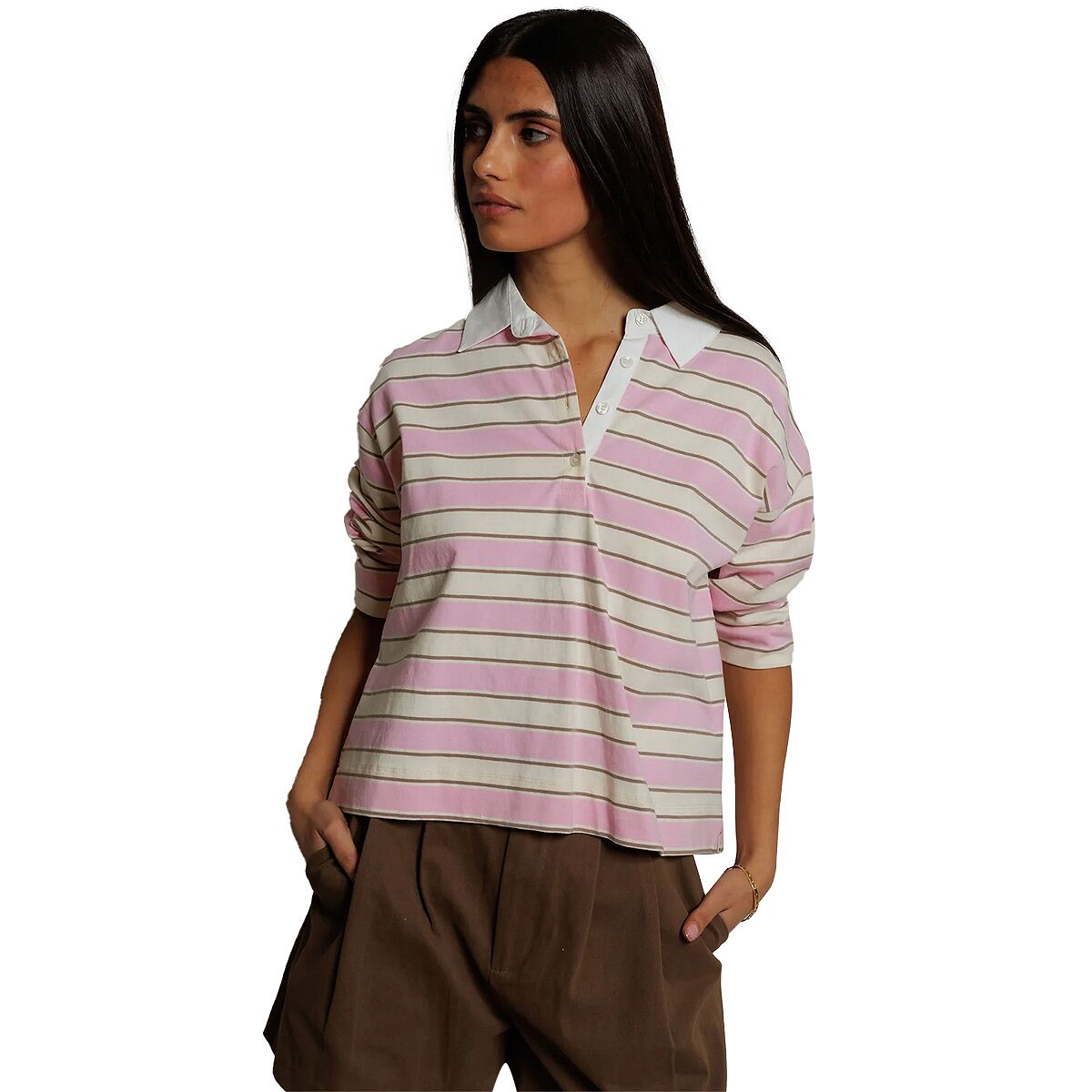 Image of perfectwhitetee Daria Cotton Rugby Shirt - Women's Sugar Pink Stripe, L