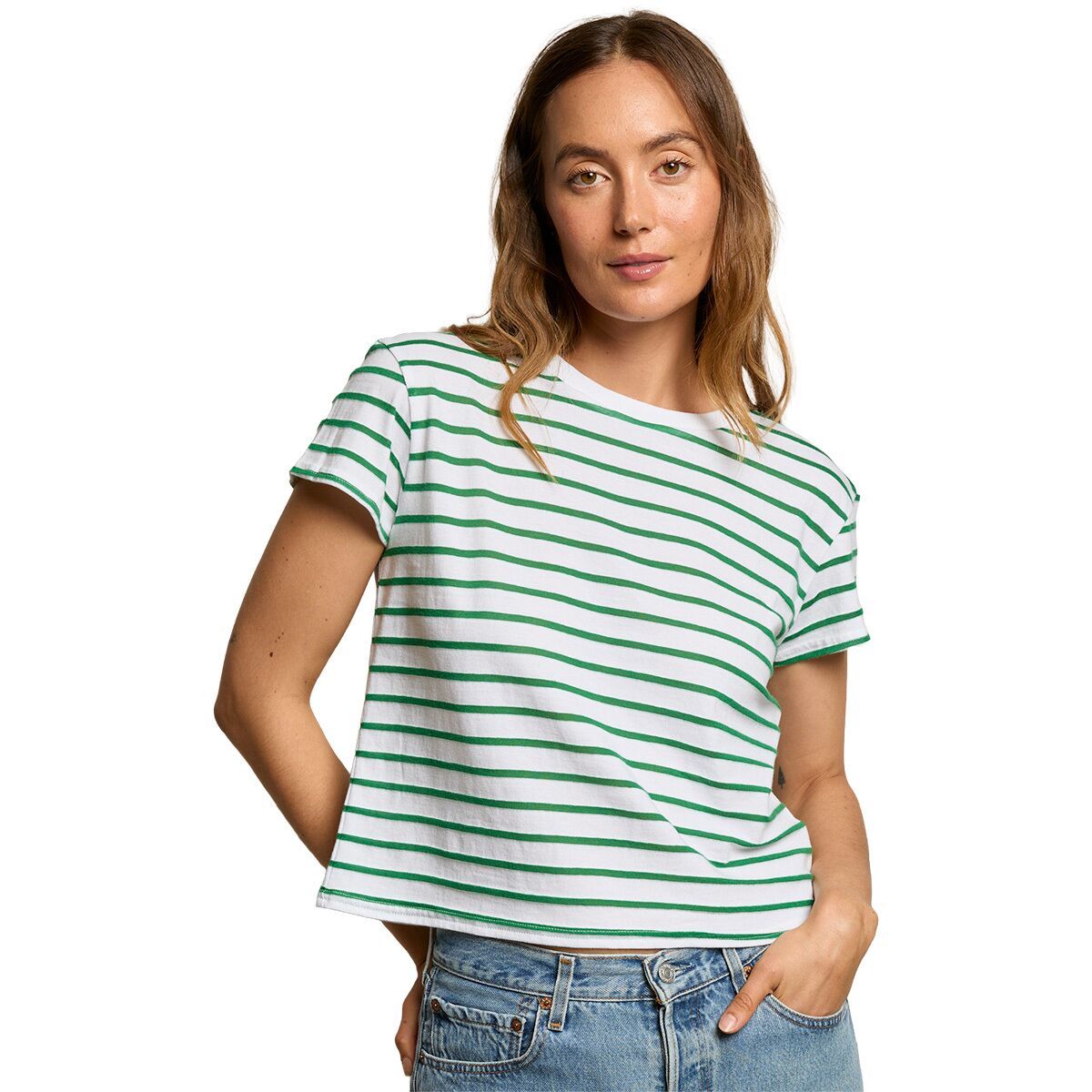 Image of perfectwhitetee Everett Striped Boxy Jersey T-Shirt - Women's Grass Stripe, M