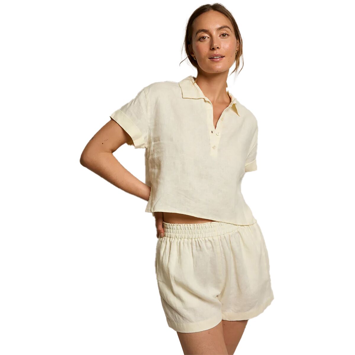Image of perfectwhitetee Tabitha Linen 1/4 Button Down Collared T-Shirt - Women's Custard, M