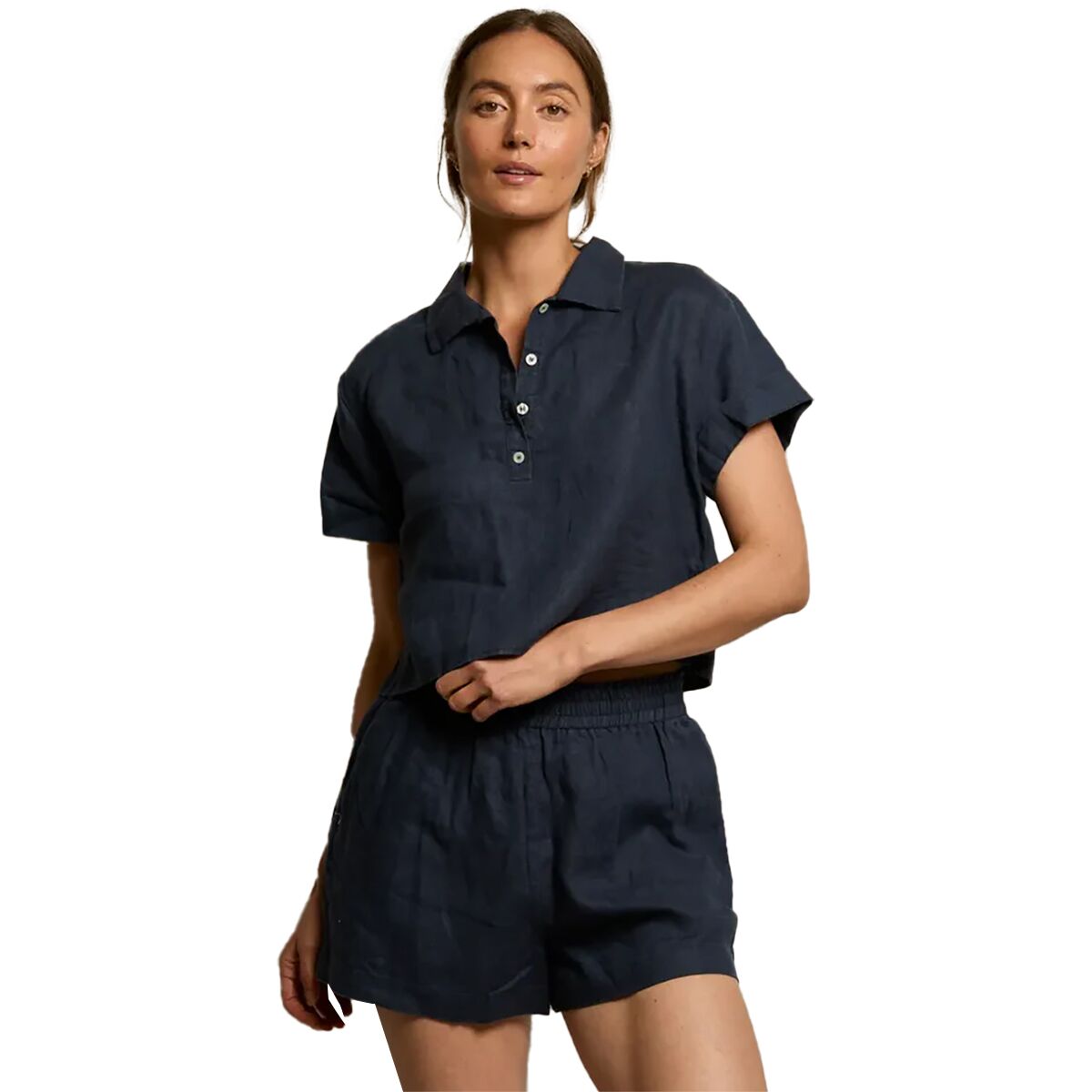 Image of perfectwhitetee Tabitha Linen 1/4 Button Down Collared T-Shirt - Women's Navy, L
