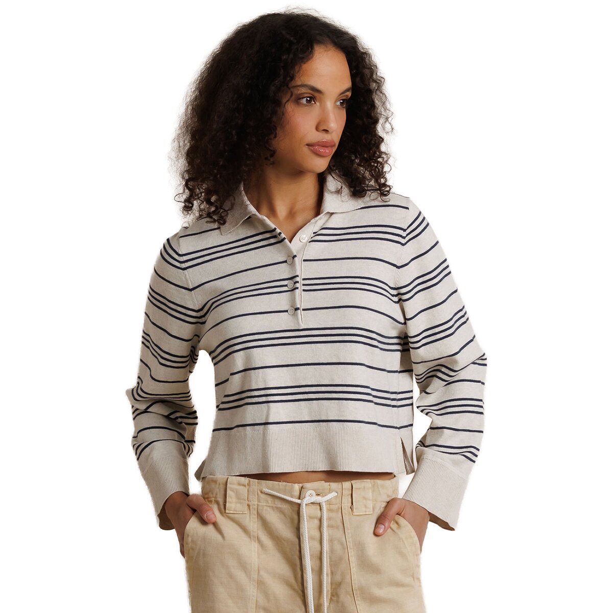 Image of perfectwhitetee Ximena Shirt - Women's Oatmeal heather/ turbulence stripe, M