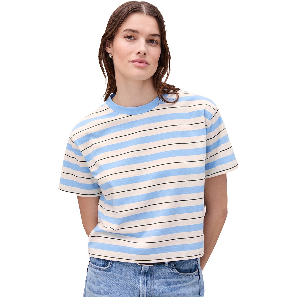 Image of Richer Poorer Recycled Stripe T-Shirt - Women's Chambray Stripe, M