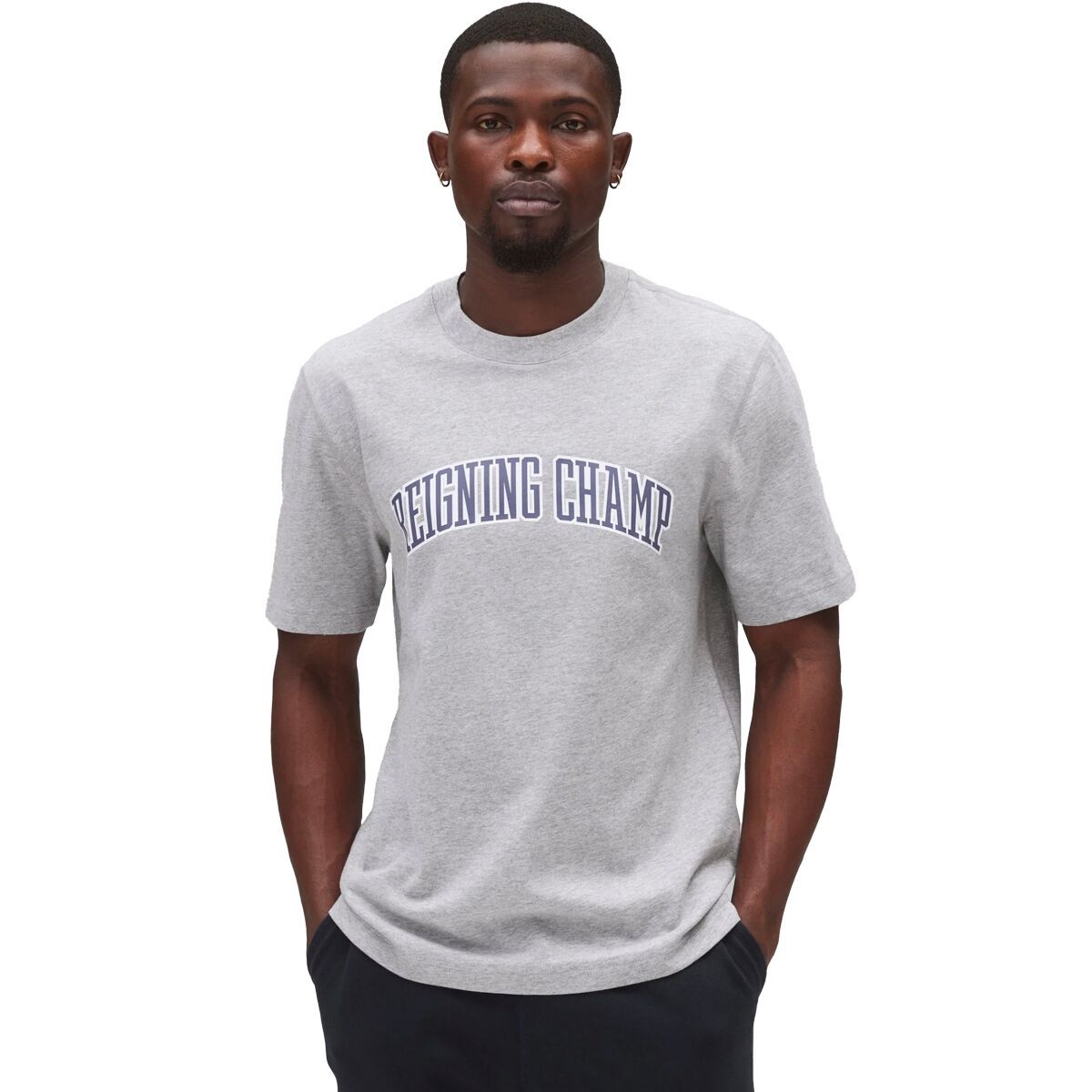 Image of Reigning Champ Midweight Jersey Collegiate T-Shirt - Men's Heather Grey/Navy, M