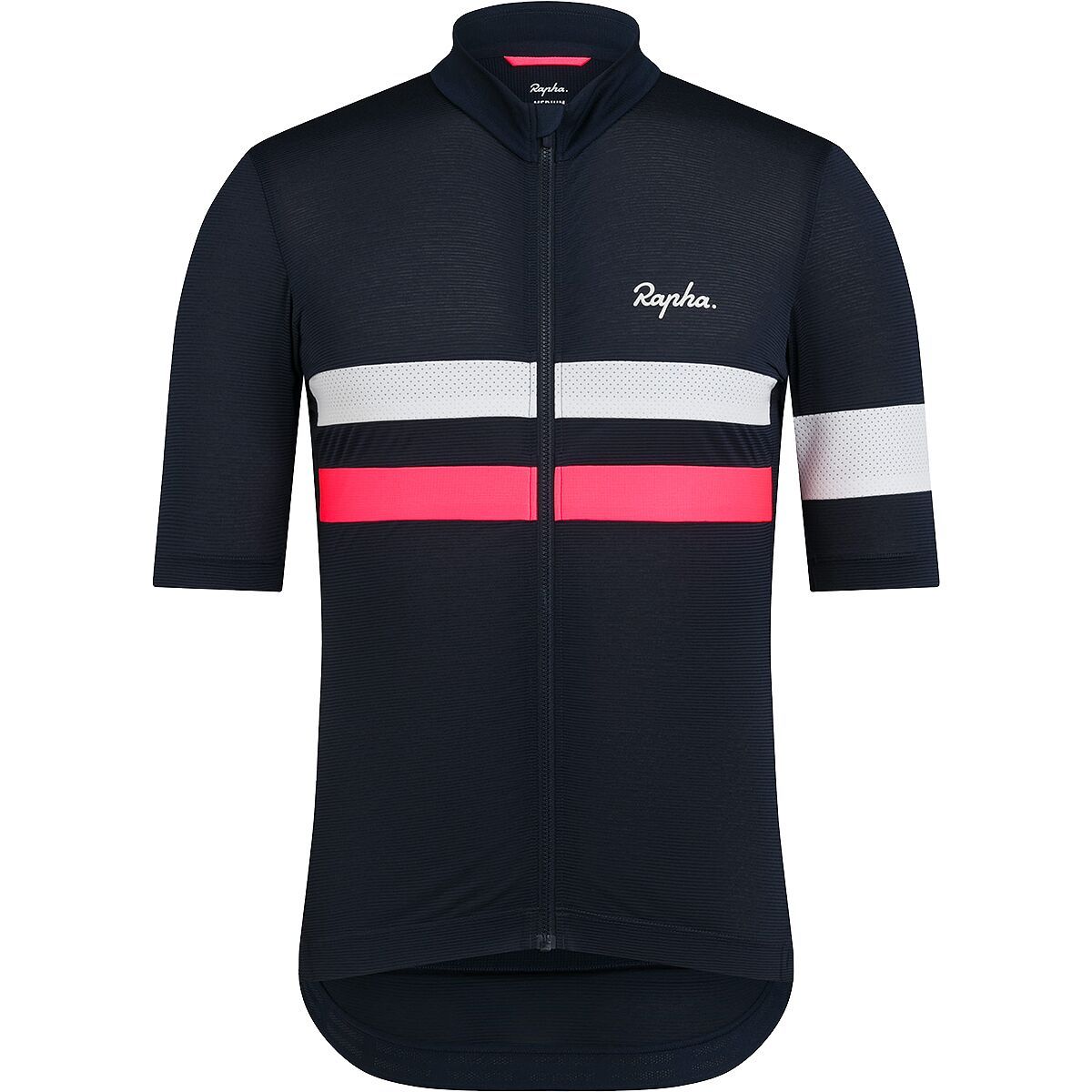 Image of Rapha Brevet Lightweight Short-Sleeve Jersey - Men's Dark Navy/Silver/High-Vis Pink, S