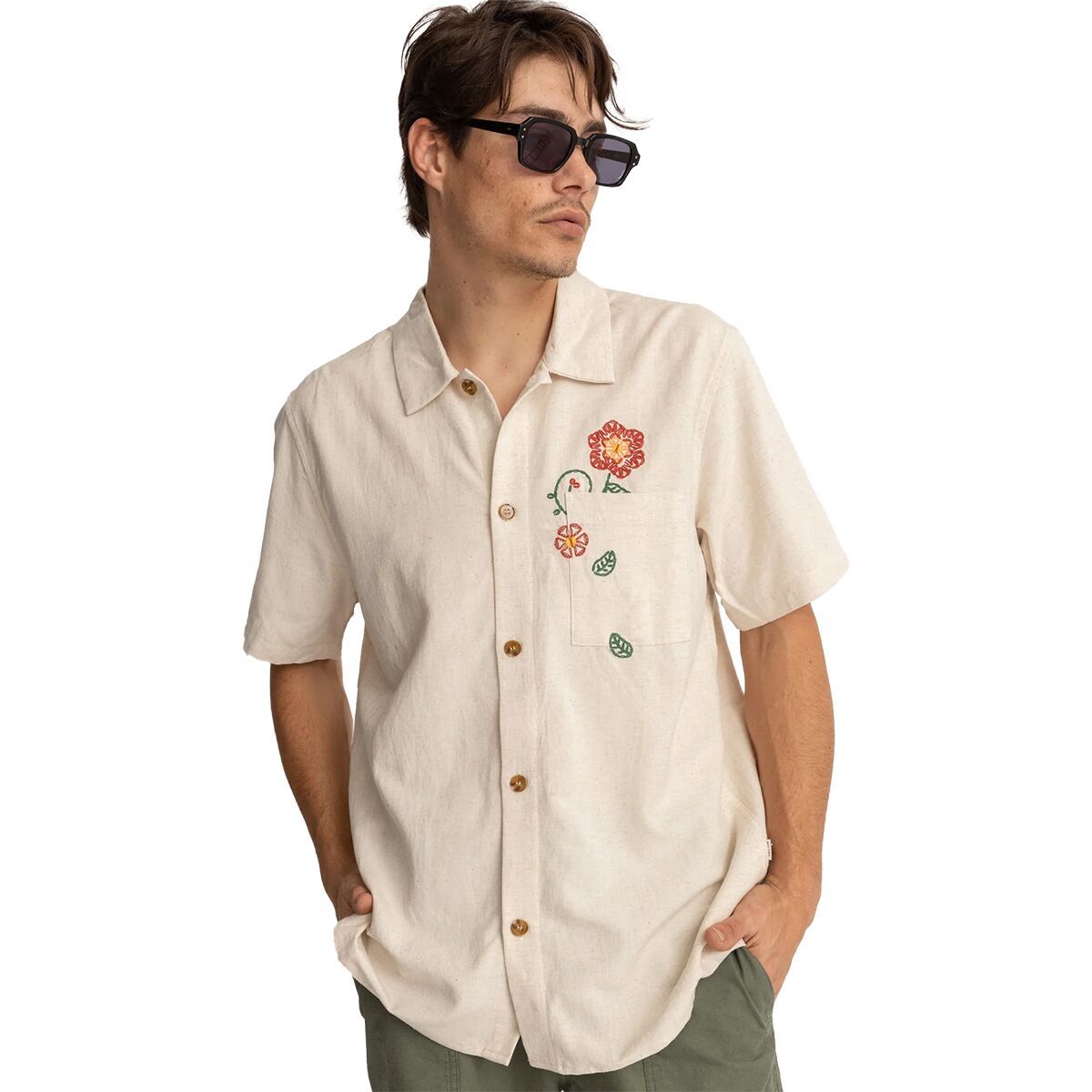 Flower Embroidery Short-Sleeve Shirt - Men