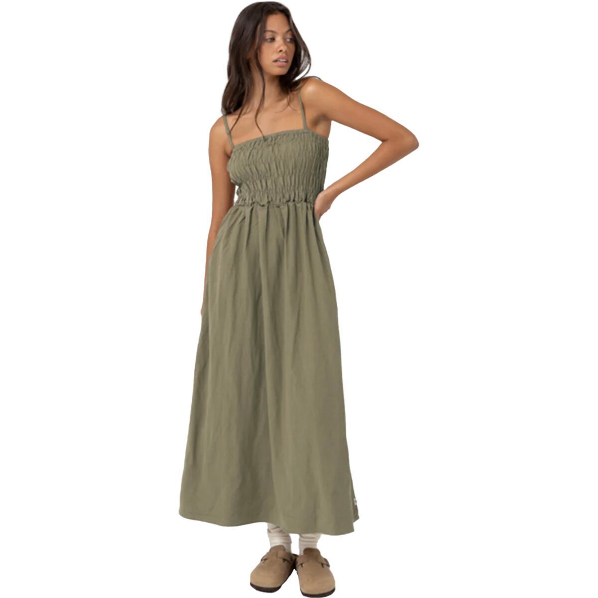 Image of Rhythm Classic Shirred Midi Dress - Women's Olive, L