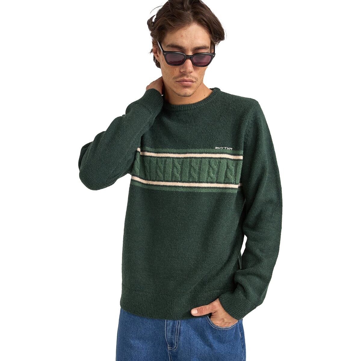 Rhythm Rhythm Mohair Stripe Knit Sweater - Men's Dark Green, M