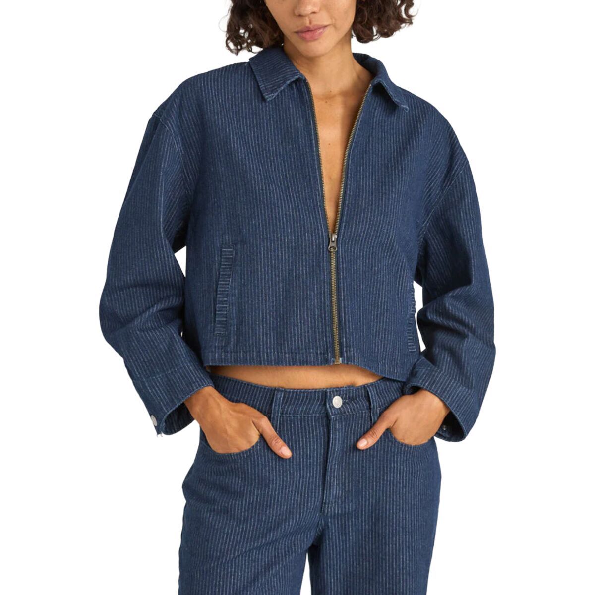 Image of Rhythm Pinstripe Cropped Jacket - Women's Indigo, XL