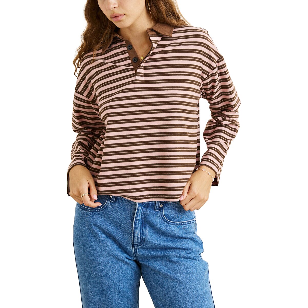 Rhythm Stripe Jersey Long-Sleeve Rugby Polo - Women's Pink, XL