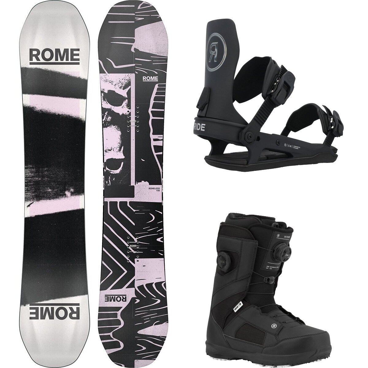 Image of Rome Boneless Snowboard + Ride C-6 Binding + Ride Octave Boot One Color,Black,Black, 141cm narrow,L,14