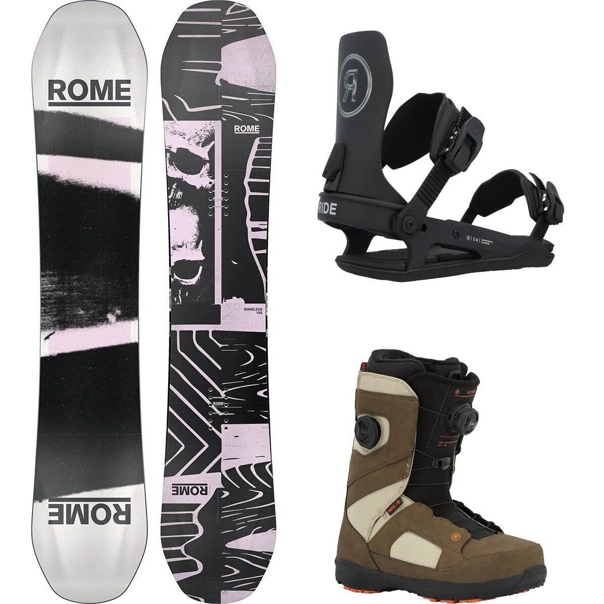 Rome Rome Boneless Snowboard + Ride C-6 Binding + Ride Octave Boot One Color,Black,Brown, 159cm,M,9
