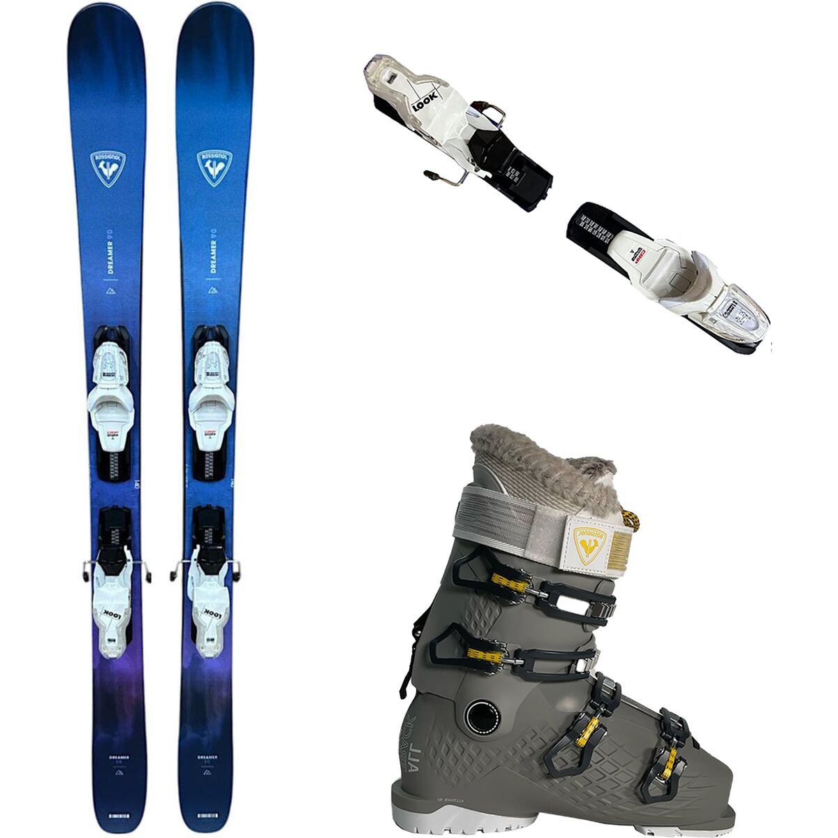 Image of Rossignol Dreamer 90 Ski + Xpress W 10 GW + Alltrack 80 Boots One Color, Wht/Sparkle, Dark Grey, 140cm, 93mm, 27.5