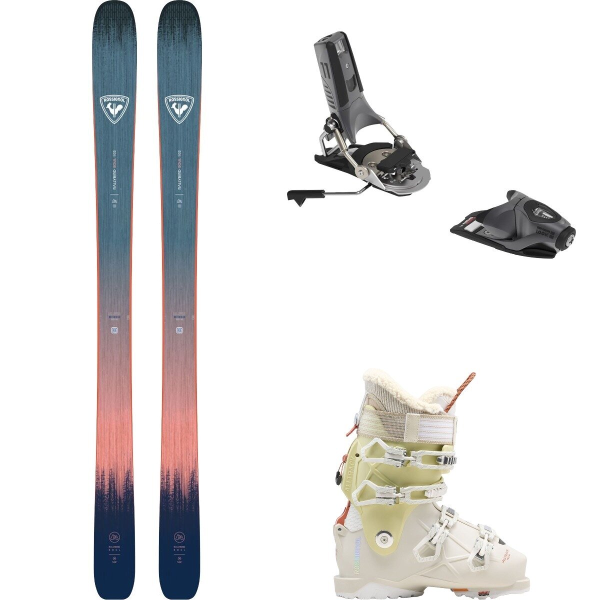 Image of Rossignol Rallybird Soul 102 w/ Alltrack Pro 80 + Pivot2.0 Ski Pkg - W One/BlkMet/Beige/SgeGrn, 172cm/105/25.0