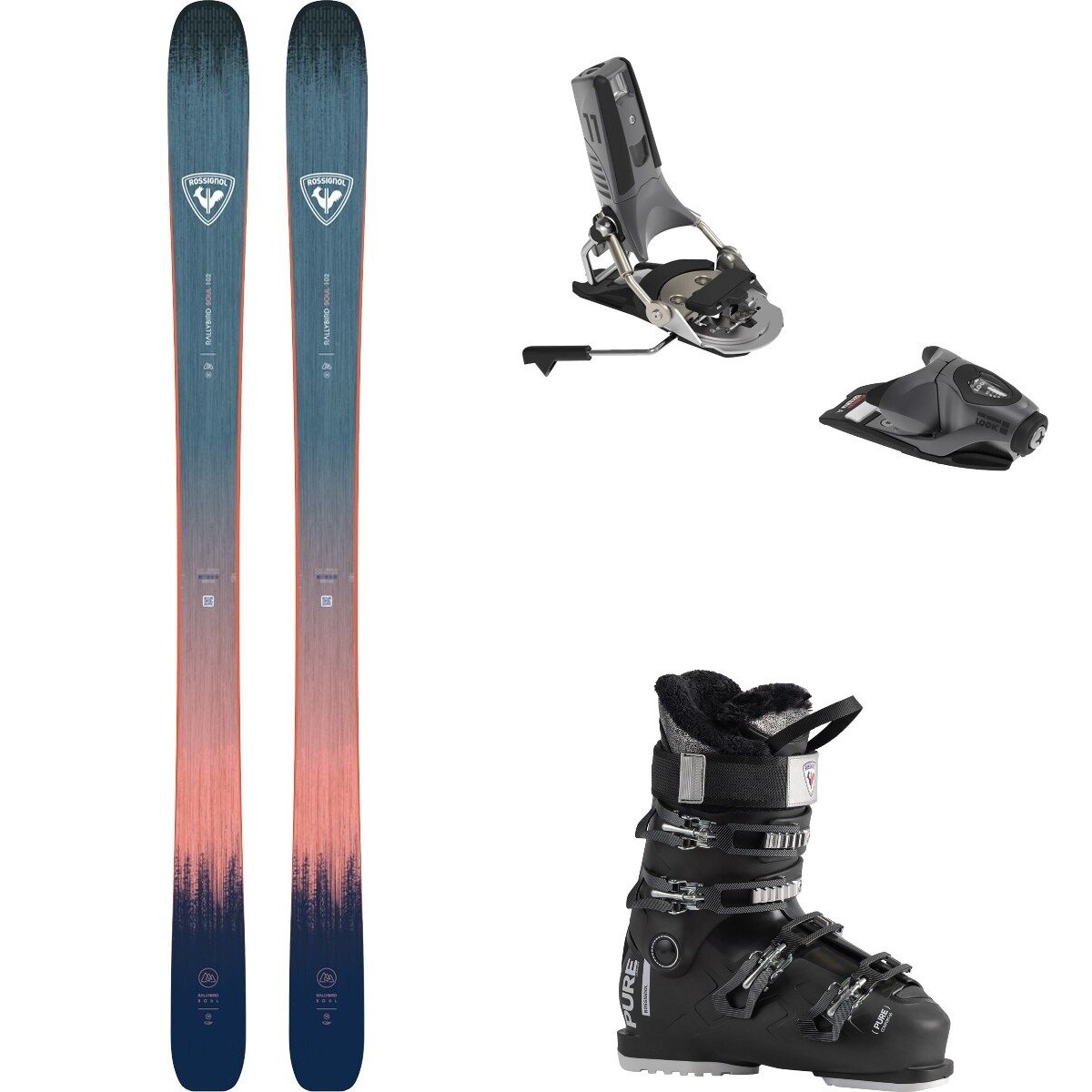 Image of Rossignol Rallybird Soul 102 w/ P.Comfort 60 + Pivot2.0 11 Ski Pkg - W One/BlkMet/Blk, 150cm/105/24.5