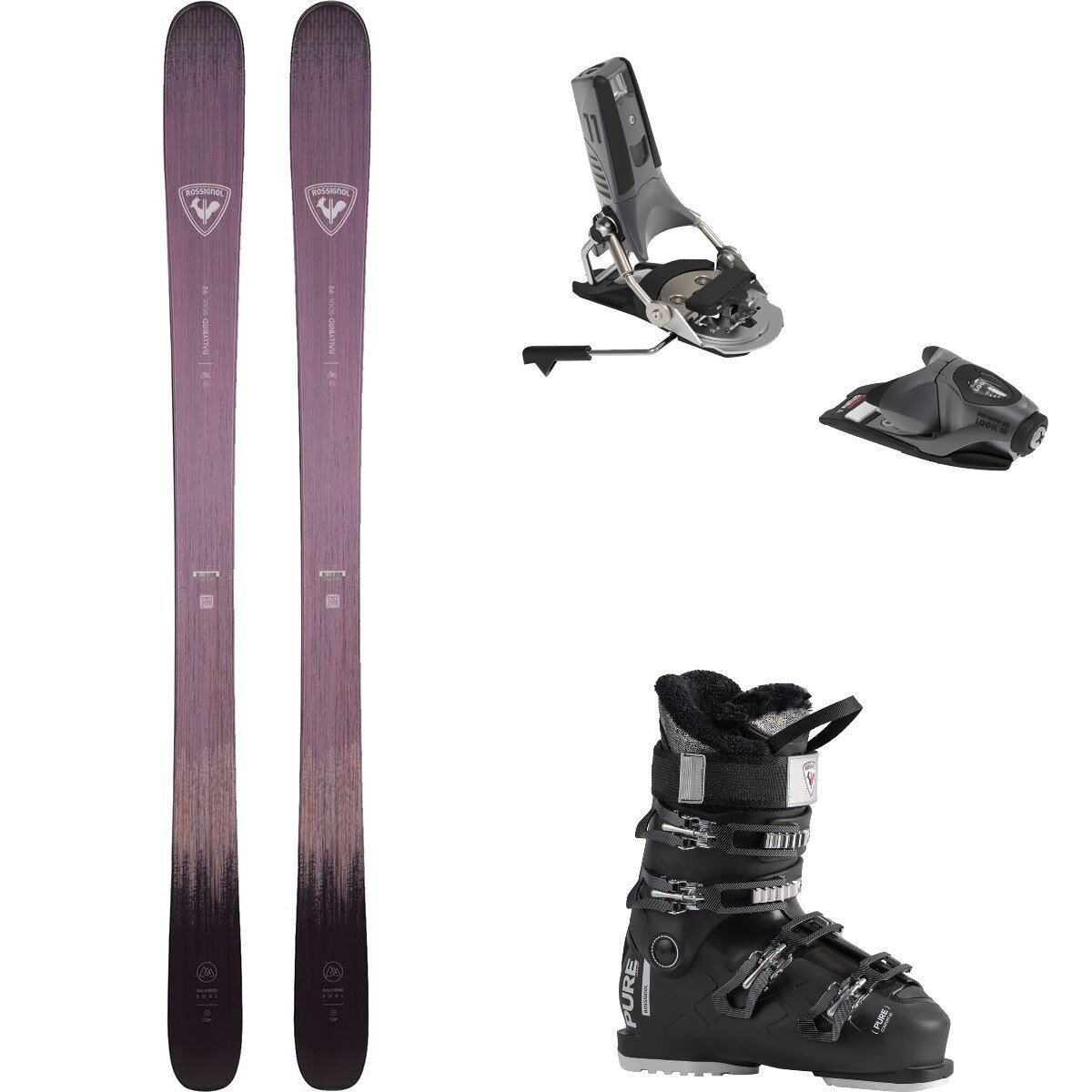 Image of Rossignol Rallybird Soul 92 w/ P.Comfort 60 + Pivot2.0 11 Ski Pkg - W One/BlkMet/Blk, 146cm/95/25.5