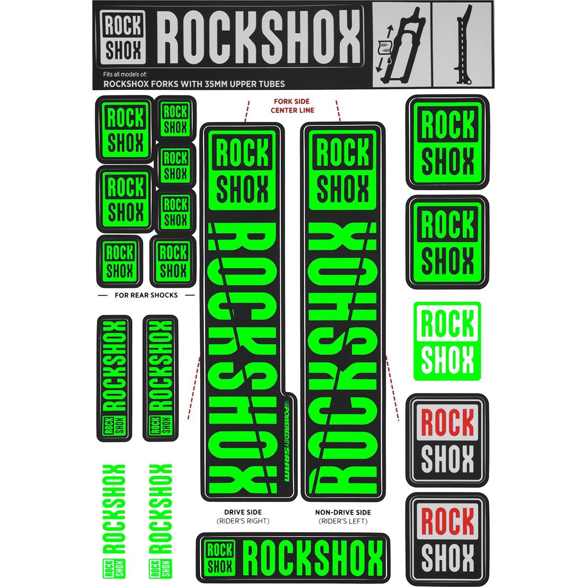 Image of RockShox Decal Kit - 35mm Green, 35mm, Pike, Lyrik, Yari
