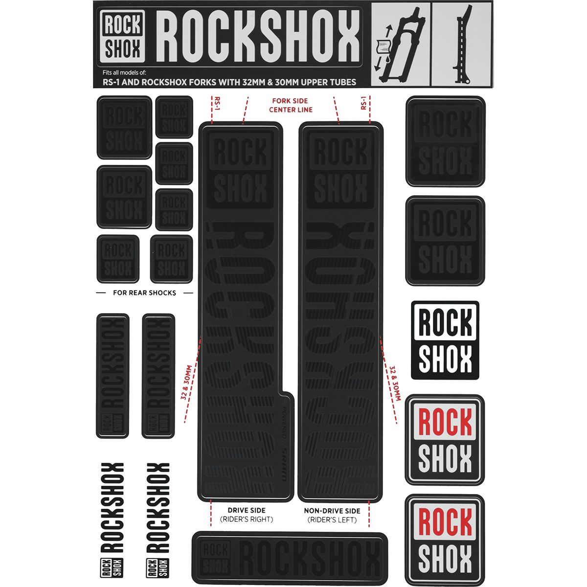 Image of RockShox Decal Kit - 30/32mm Stealth Black, 30/32mm, SID, Reba, Revelation