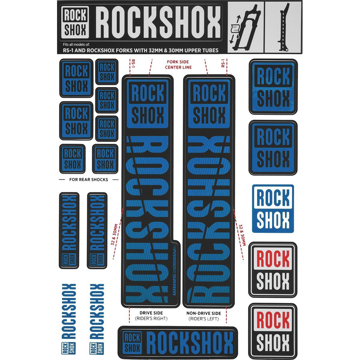 Image of RockShox Decal Kit - 30/32mm Blue, 30/32mm, SID, Reba, Revelation