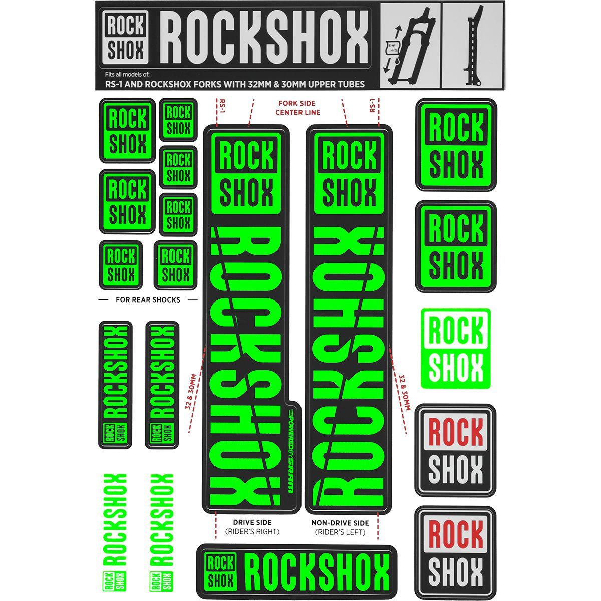 Image of RockShox Decal Kit - 30/32mm Green, 30/32mm, SID, Reba, Revelation
