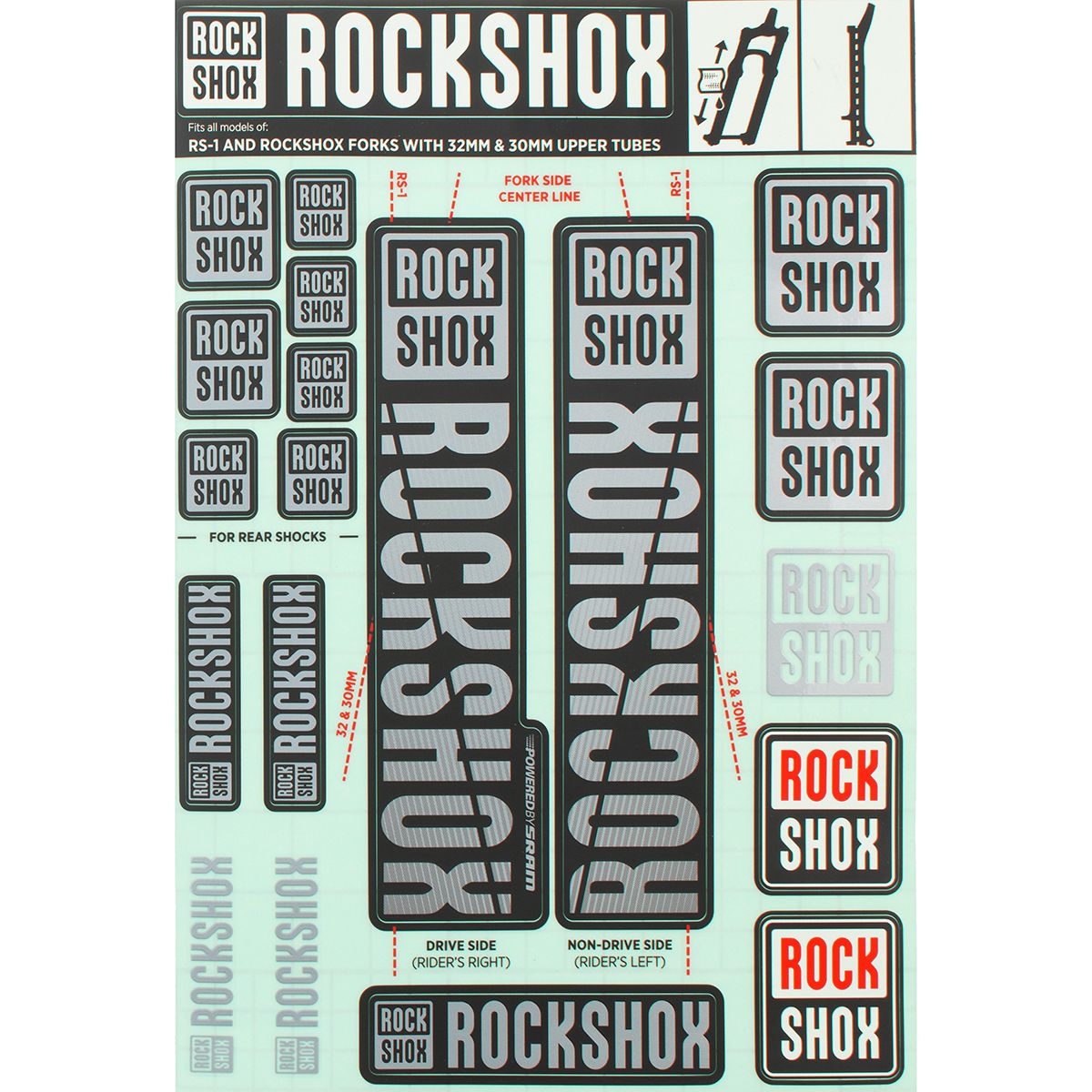 RockShox RockShox Decal Kit - 30/32mm Stealth Black, 30/32mm, SID, Reba, Revelation