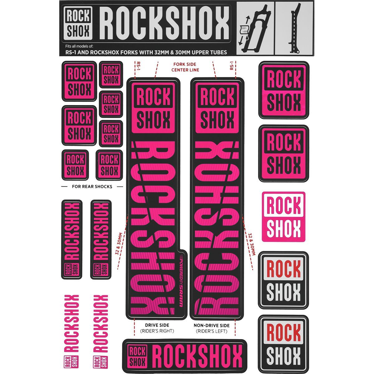 Image of RockShox Decal Kit - 30/32mm Magenta, 30/32mm, SID, Reba, Revelation