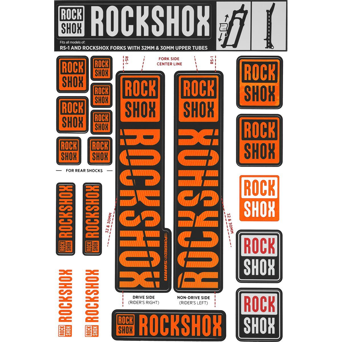 Image of RockShox Decal Kit - 30/32mm Orange, 30/32mm, SID, Reba, Revelation