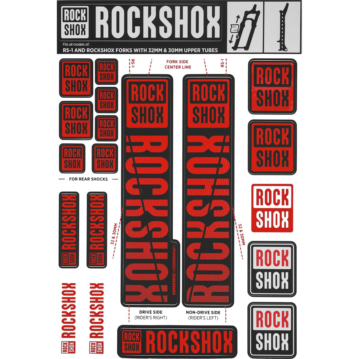 Image of RockShox Decal Kit - 30/32mm Red, 30/32mm, SID, Reba, Revelation