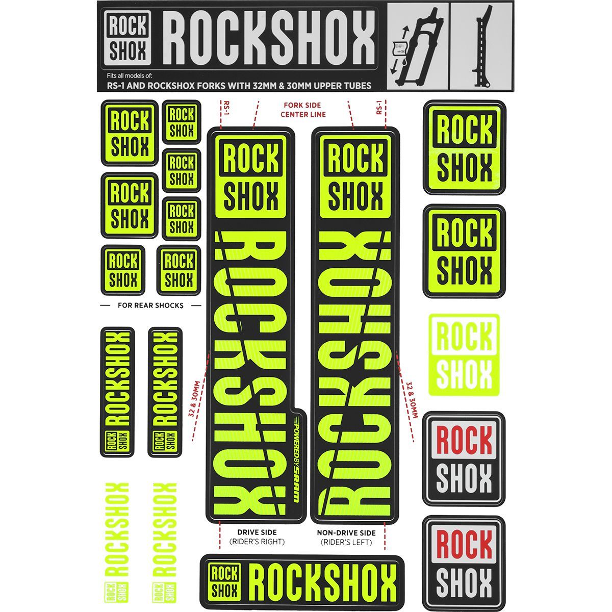 Image of RockShox Decal Kit - 30/32mm Yellow, 30/32mm, SID, Reba, Revelation