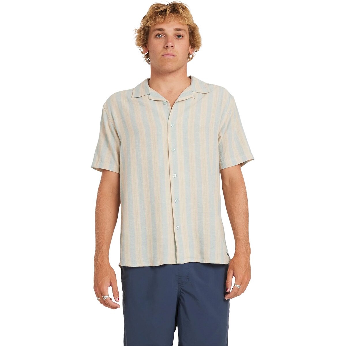 Image of RVCA Beat Stripe Short-Sleeve Shirt - Men's Chambray, XXL
