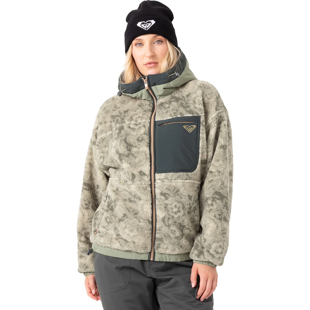 Image of Roxy Everest Full-Zip Hooded Sherpa - Women's Olive Combo, XS