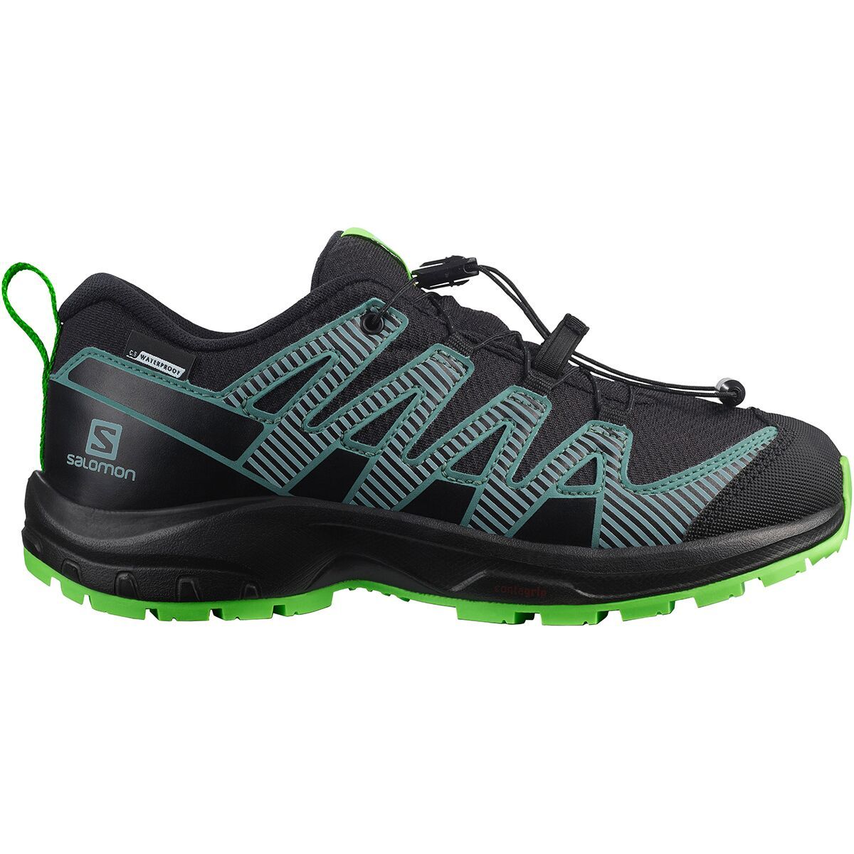 Salomon XA PRO V8 CSWP Trail Running Shoe - Kids' Black/Black/Green Gecko, 1.0