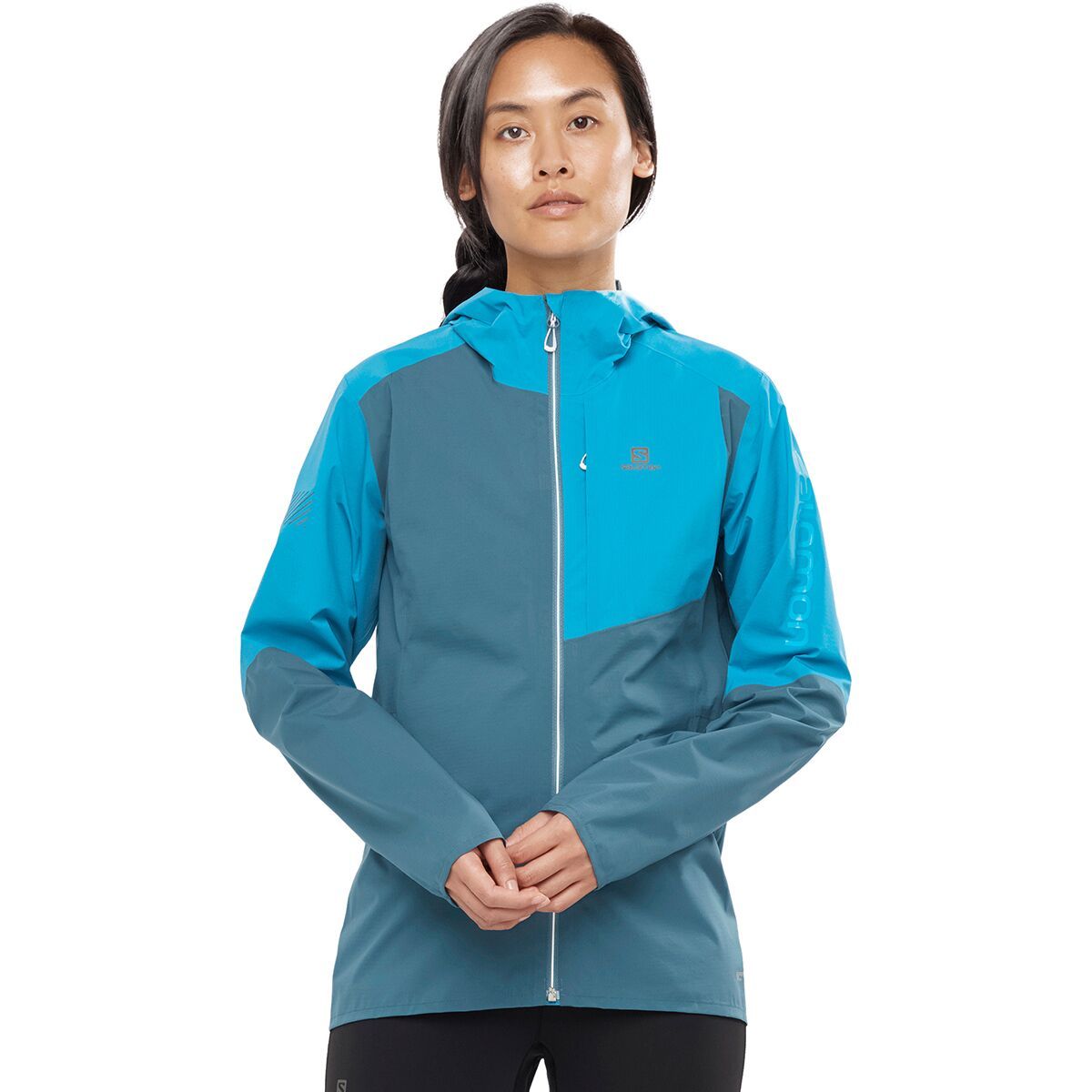 Image of Salomon Bonatti Trail Waterproof Jacket - Women's Mallard Blue/Barrier Reef/White, S
