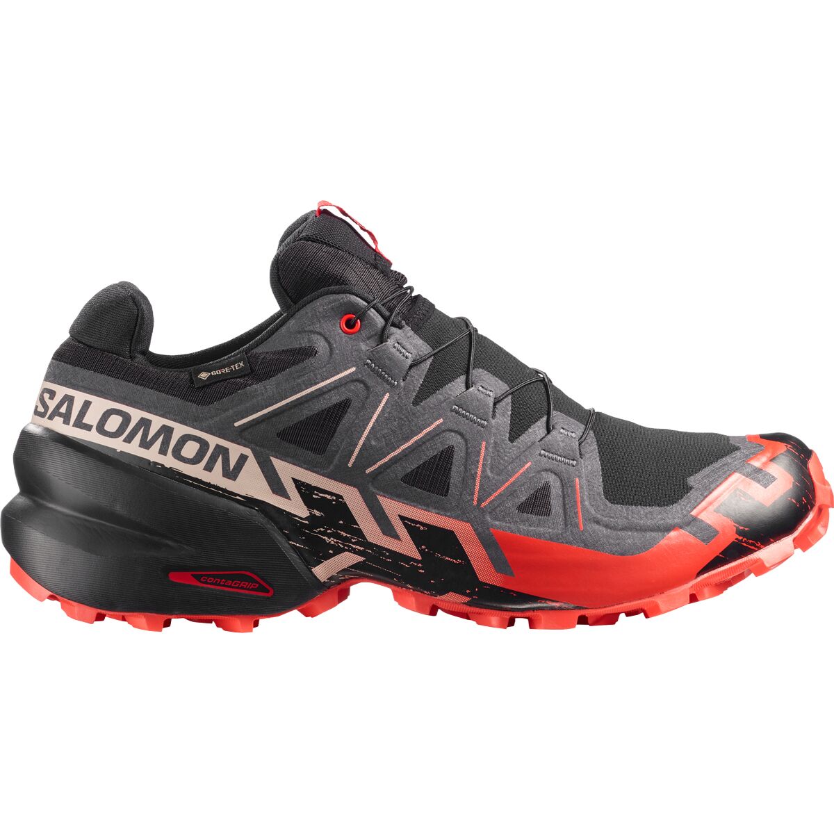 Image of Salomon Speedcross 6 GTX Trail Running Shoe - Men's Black/Fiery Red/Almond Milk, US 8.5/UK 8.0