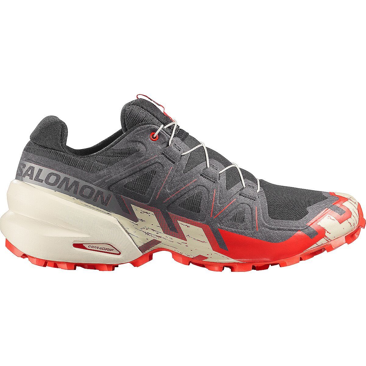 Image of Salomon Speedcross 6 Trail Running Shoe - Men's Black/Fiery Red/Almond Milk, US 10.0/UK 9.5