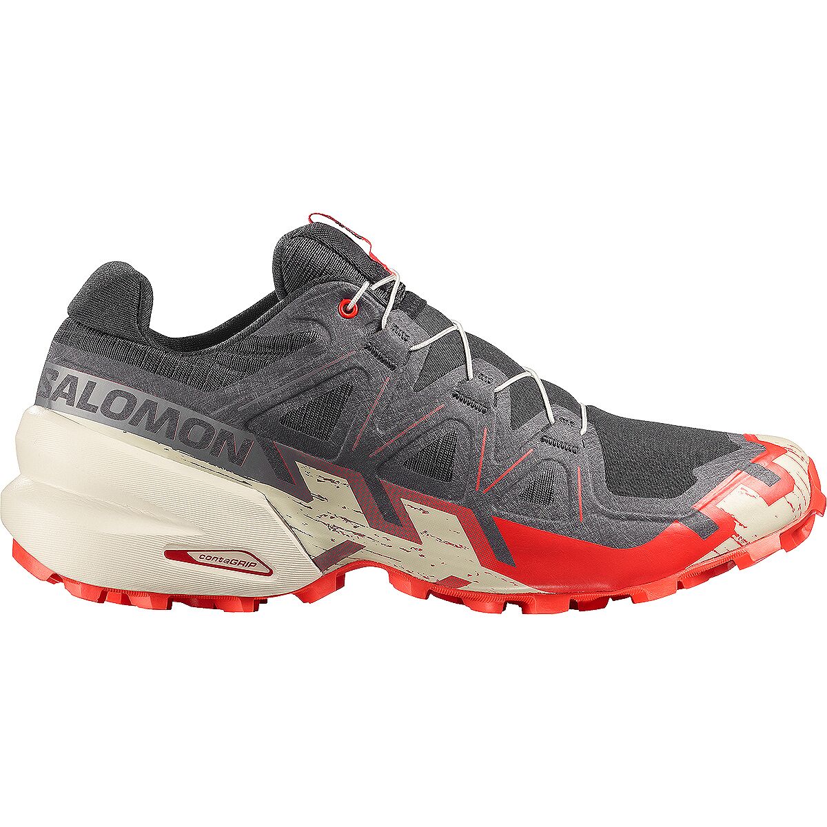 Image of Salomon Speedcross 6 Trail Running Shoe - Men's Black/Fiery Red/Almond Milk, US 8.5/UK 8.0
