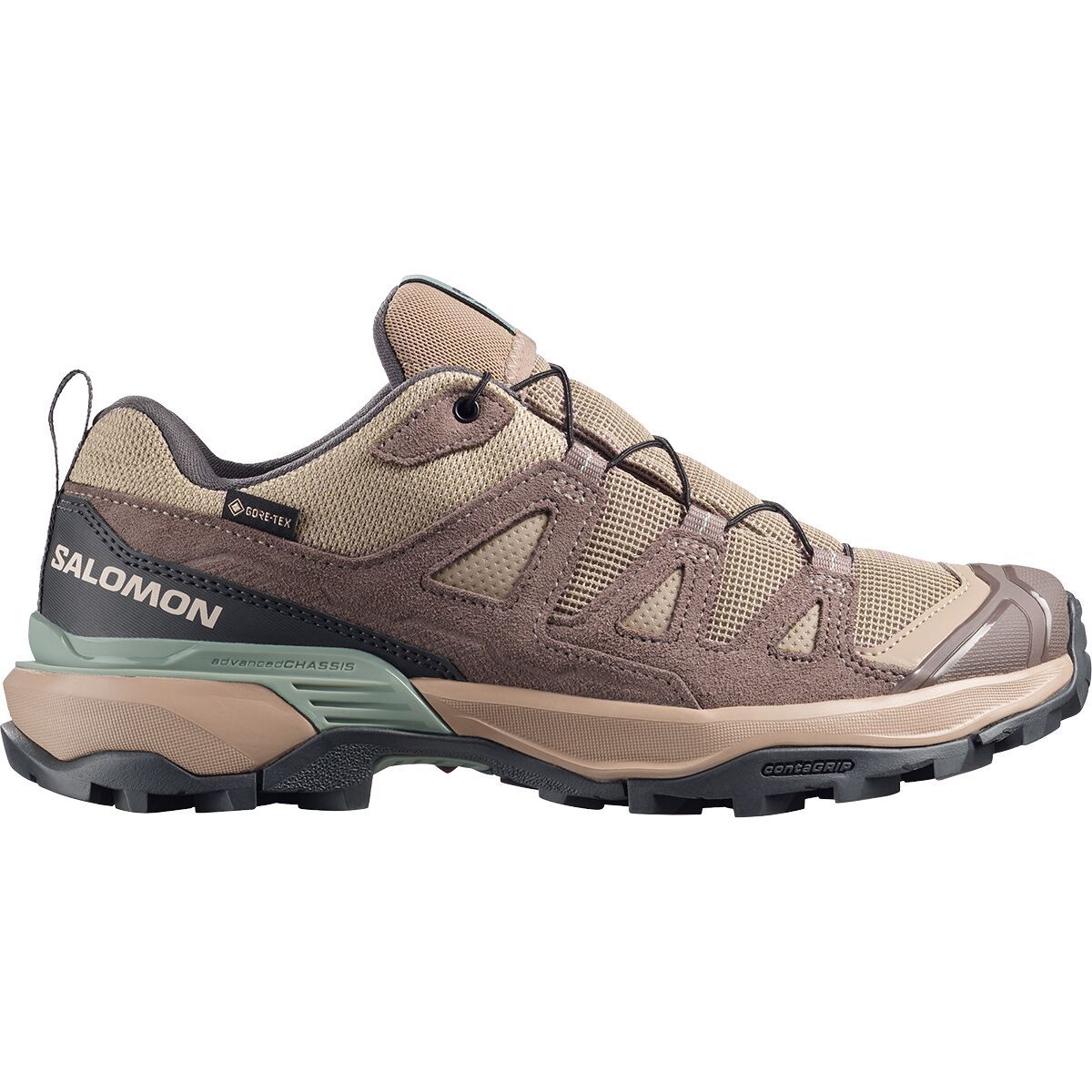 Image of Salomon X Ultra 360 Leather GTX Hiking Shoe - Women's Desert Tan/Iron/Green Milieu, US 6.5/UK 5.0
