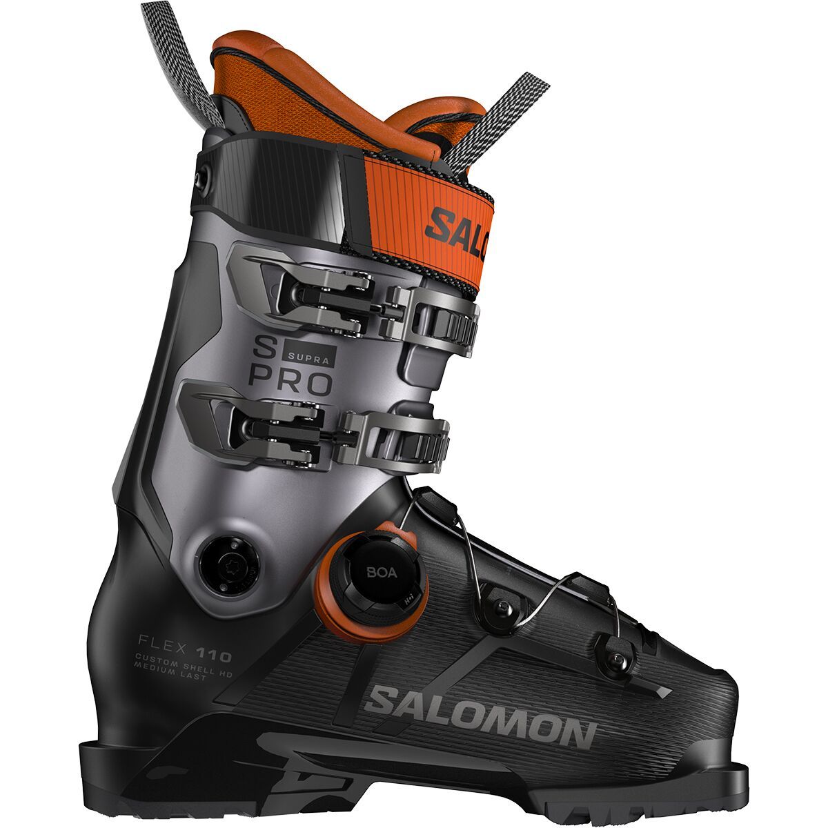 Image of Salomon S/Pro Supra BOA 110 Boot - 2026 Black/Beluga Met./Orange Tiger, 30.0/30.5