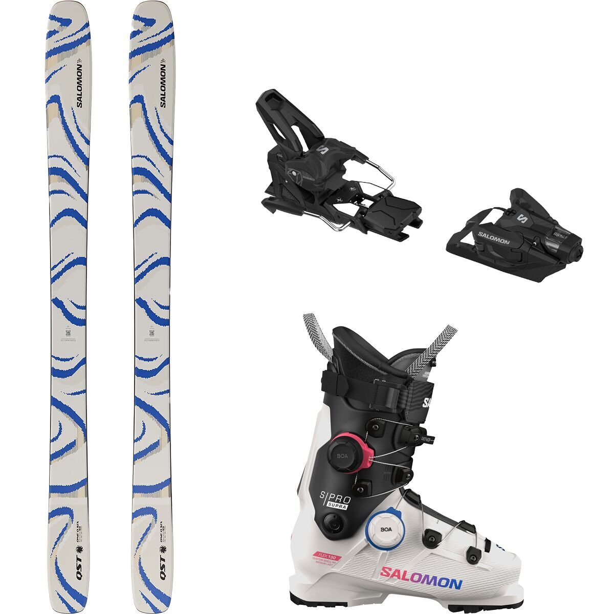 Image of Salomon QST 106 Ski + Strive 14 MN + S/Pro Supra BOA 130 Boot Almond Milk/Blk/Gray Aurora/Blk/Race Blu, 173cm,115mm,31.0/31.5