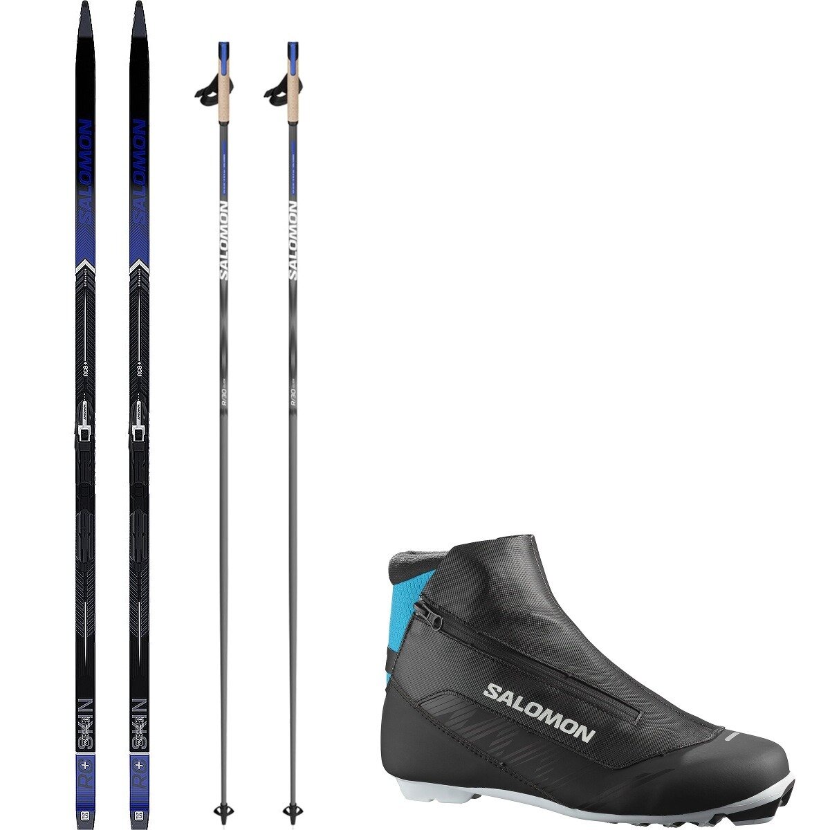 Image of Salomon RC8+ eSkin Classic Ski Package w/ Poles Back/Race Blu,Blk/Process Blu,One, 190cm,9.5,150cm