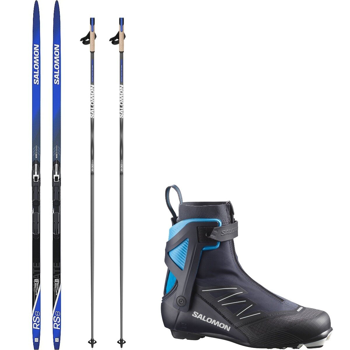 Image of Salomon RS 8 Skate Ski Package w/ Poles - Men's Process Blu/Back/Wht,Dk Nvy,One, 174cm,9.0,145cm