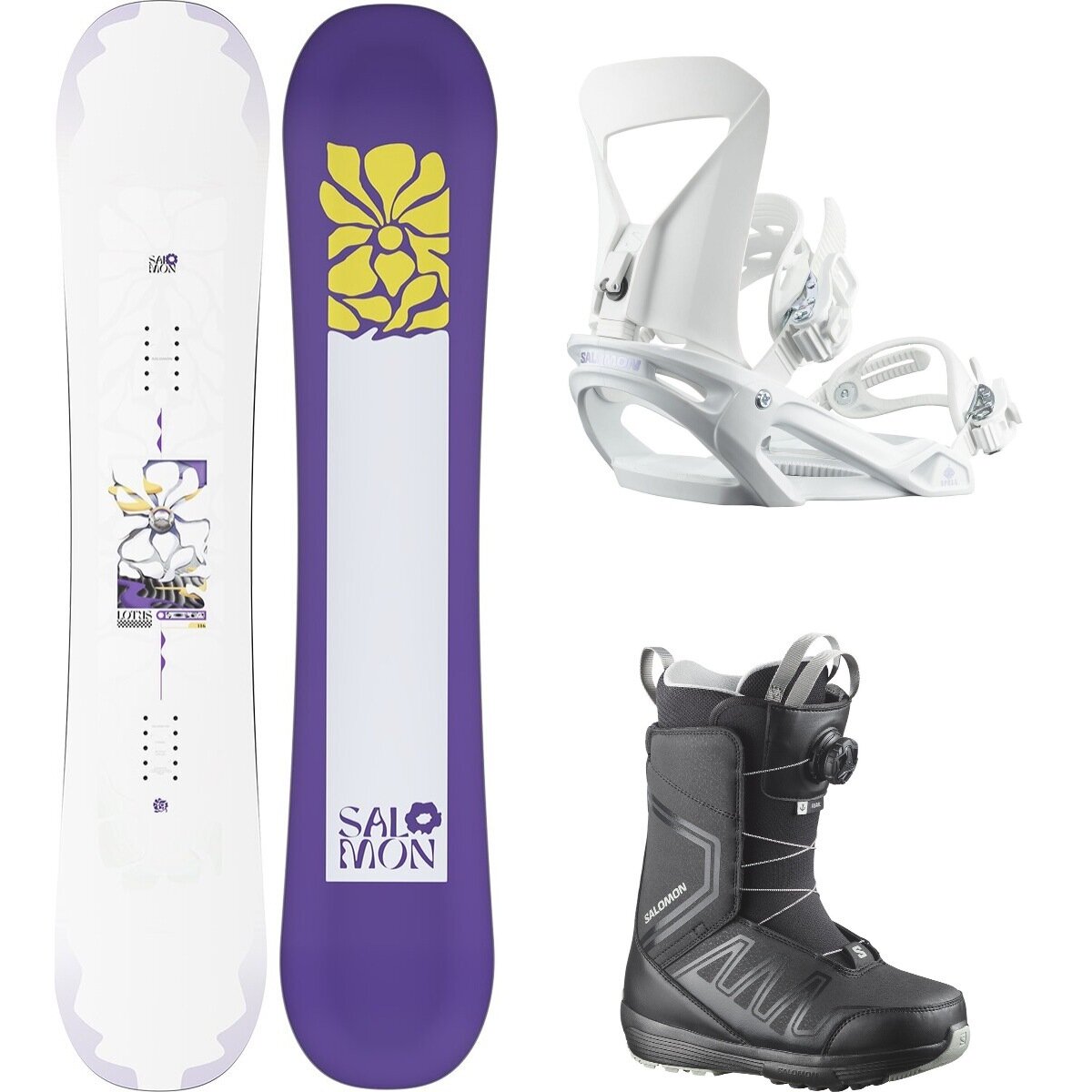Image of Salomon Lotus w/ Pearl BOA + Spell Snowboard Pkg - Women's One/Wht/Blk/Blk/WrtIrn, 142cm/M/26.0
