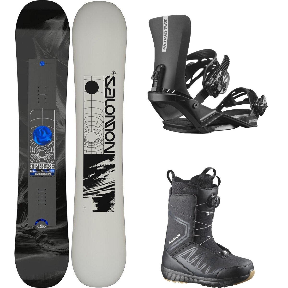 Image of Salomon Pulse w/ Faction BOA + Rhythm Snowboard Pkg One/Blk/Blk/Blk/Blk, 162cm Wide/M/26.0