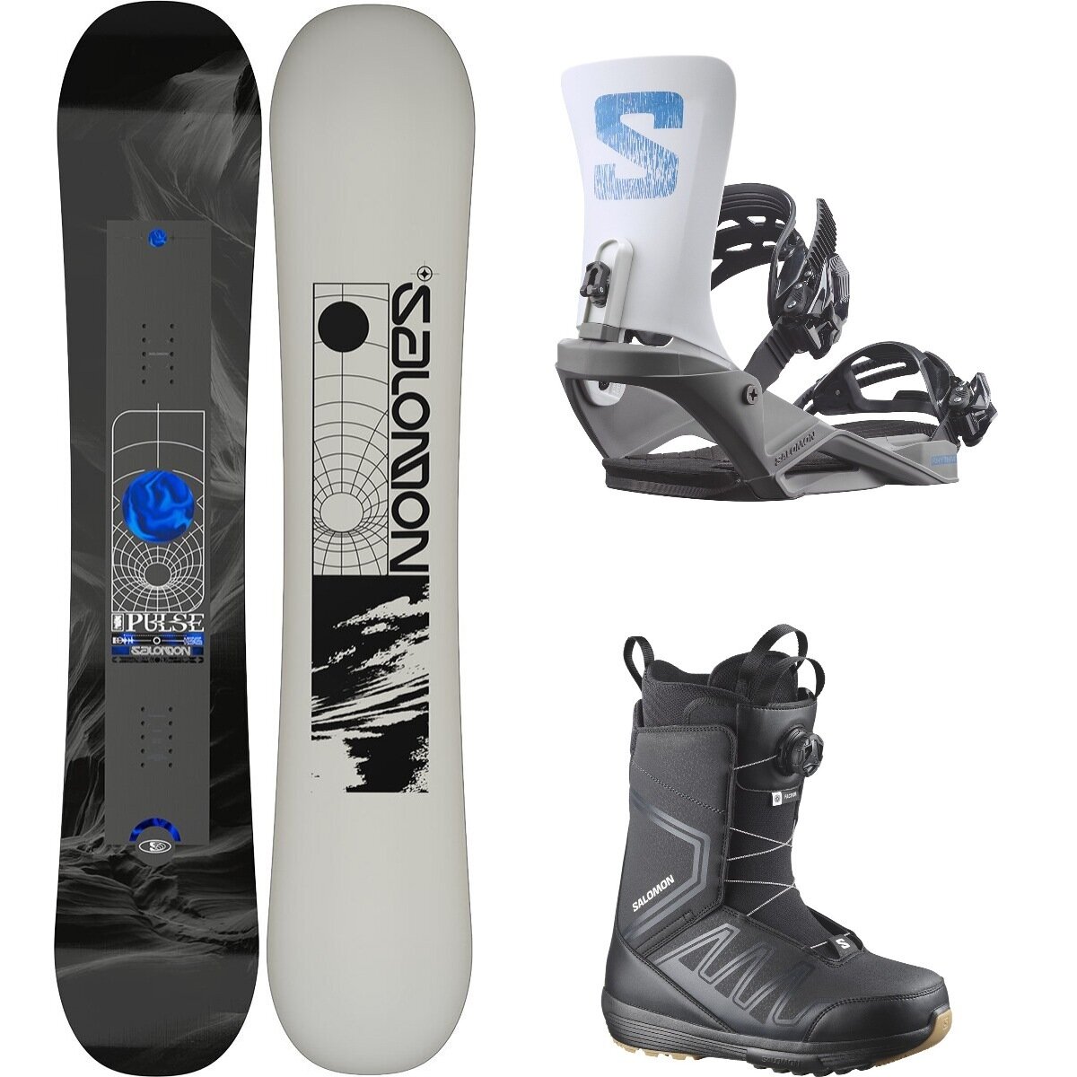 Image of Salomon Pulse w/ Faction BOA + Rhythm Snowboard Pkg One/GryRcBlu/Blk/Blk/Blk, 158cm Wide/M/27.0