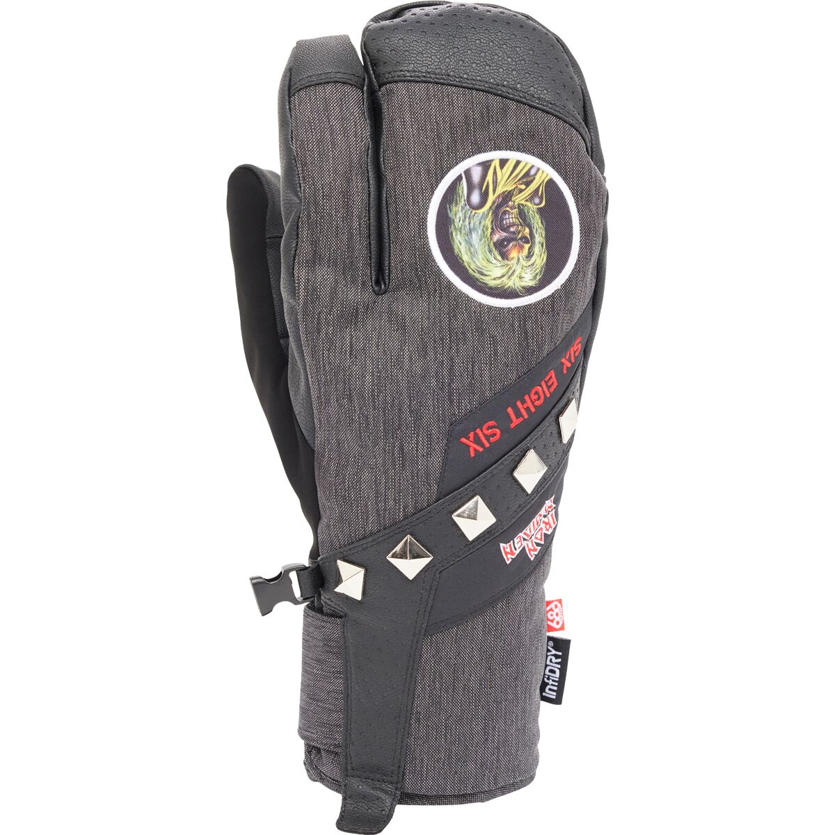 686 686 Hawkeye Trigger Mitten Iron Maiden Black Denim, L
