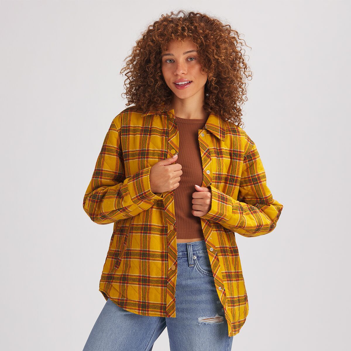 Image of Stoic Quilted Boyfriend Plaid Shirt Jacket - Women's Mineral Yellow Plaid, M