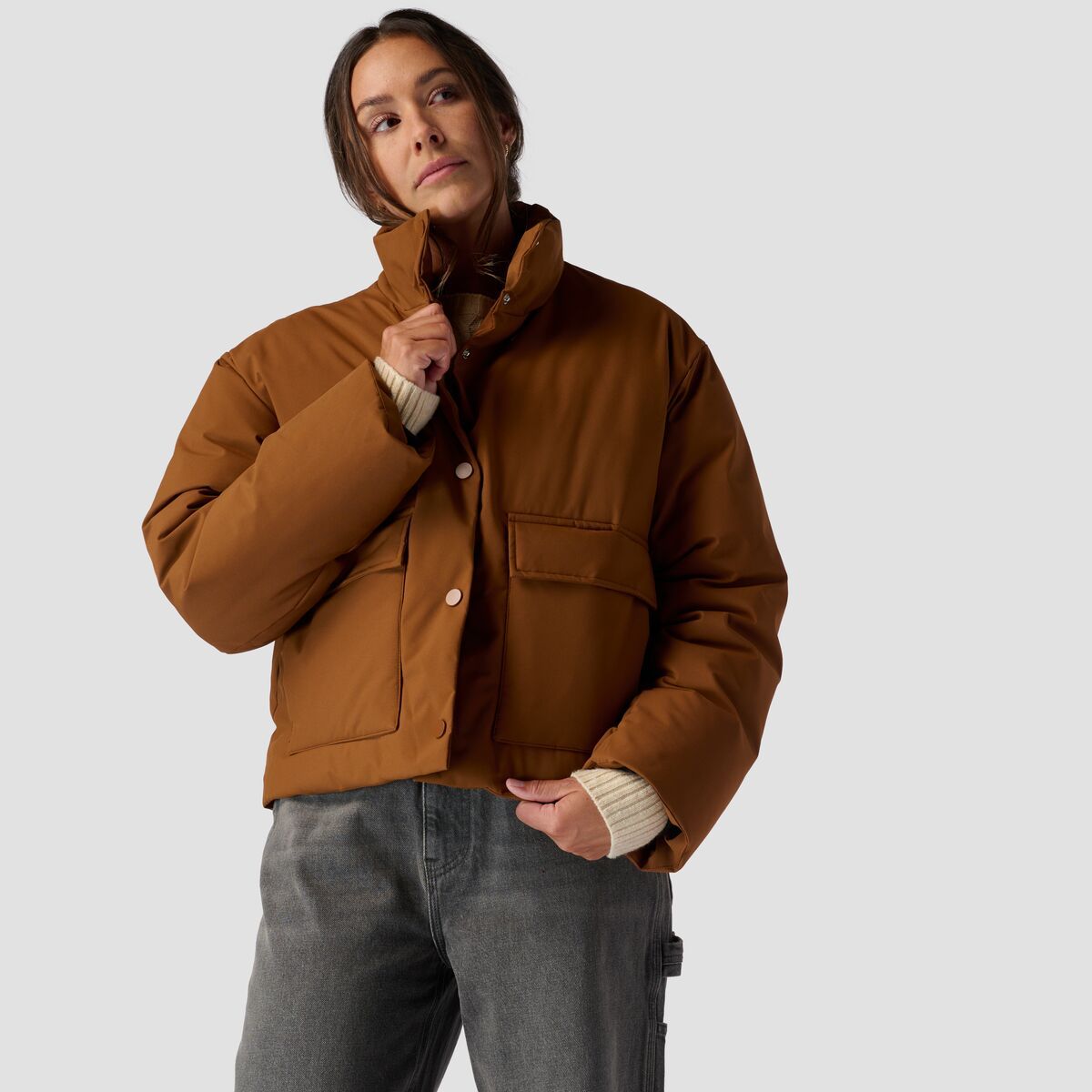 Stoic Cropped Boxy Snap Front Puffer - Women's Downtown Brown, XL