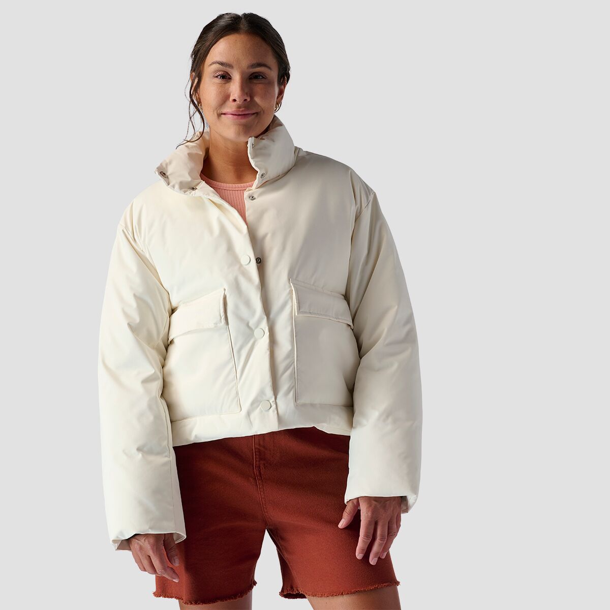 Image of Stoic Cropped Boxy Snap Front Puffer - Women's Eggshell, XL