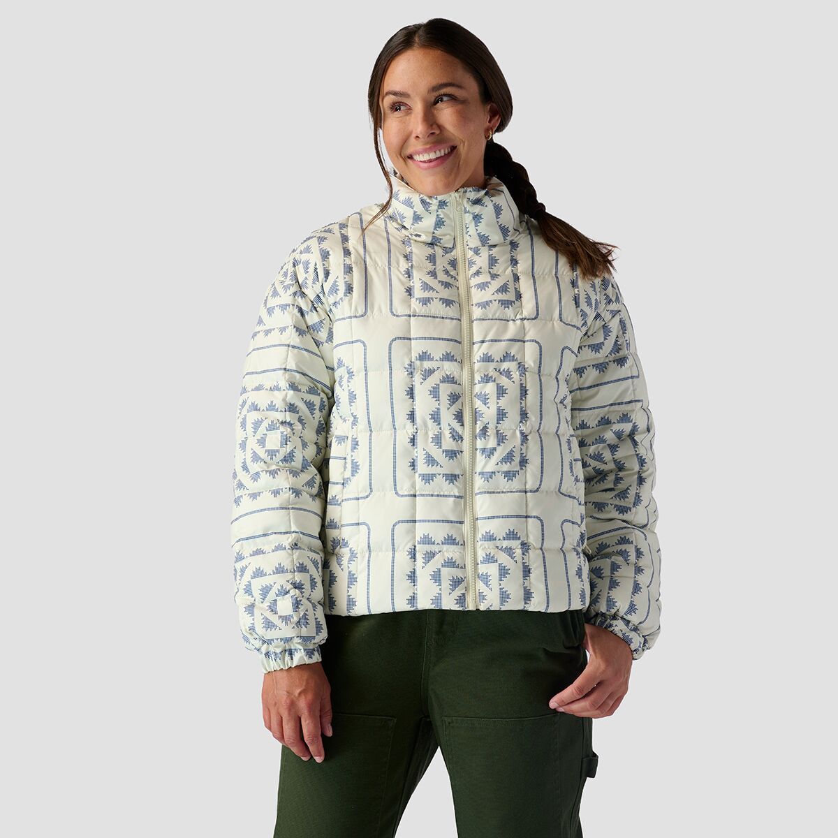 Image of Stoic Printed Quilted Puffer - Women's Ivory/Navy Snowflake Print, M