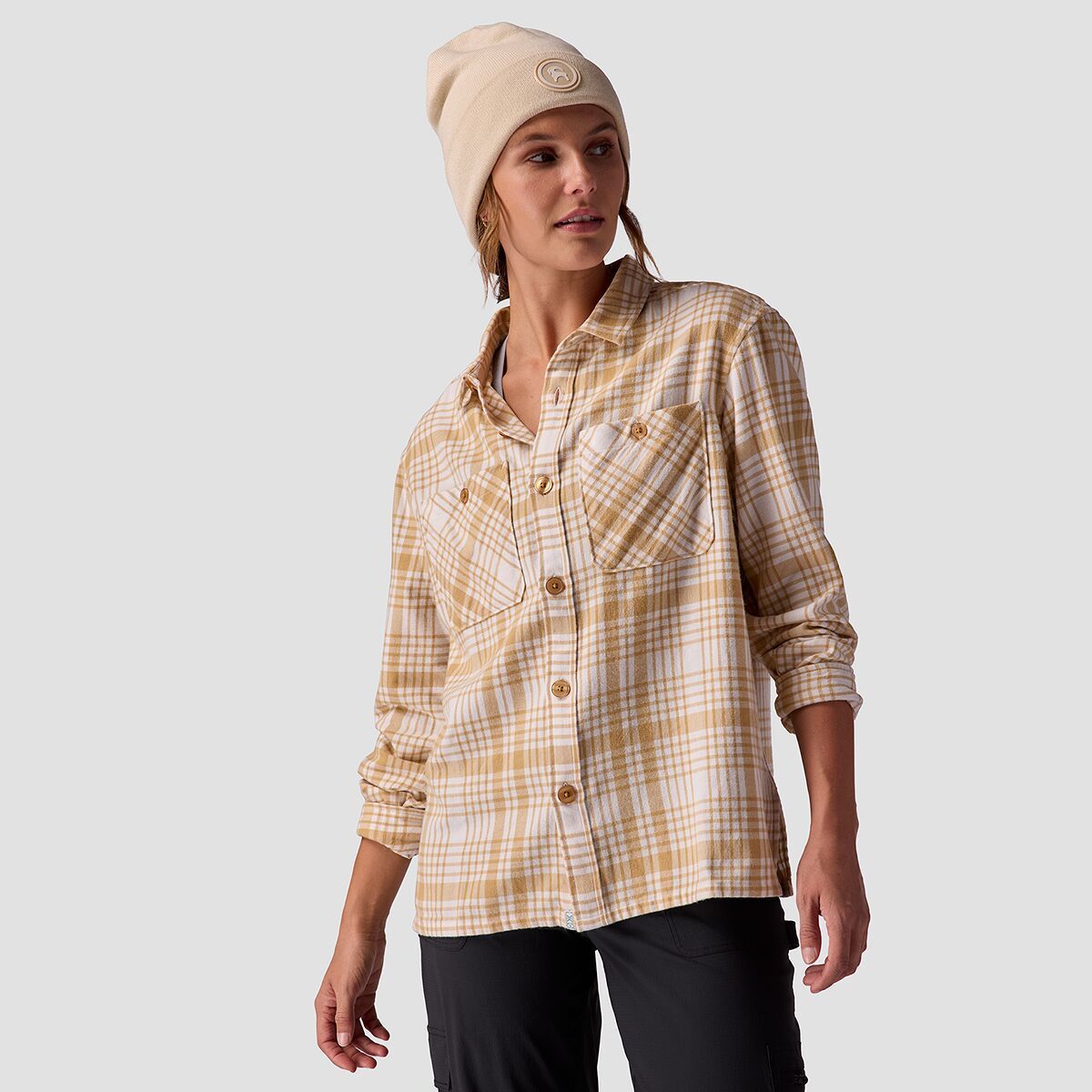 Stoic Aspen Elbow Patch Flannel - Women's Egret Tonal Plaid, S
